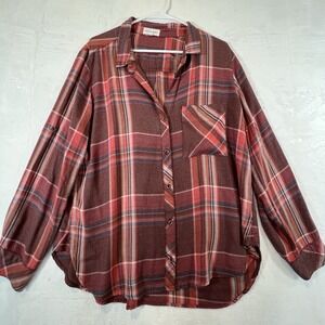 Bella Dahl Shirt Button Down Top Size XL Burgundy Plaid Roll Tab Long Sleeve